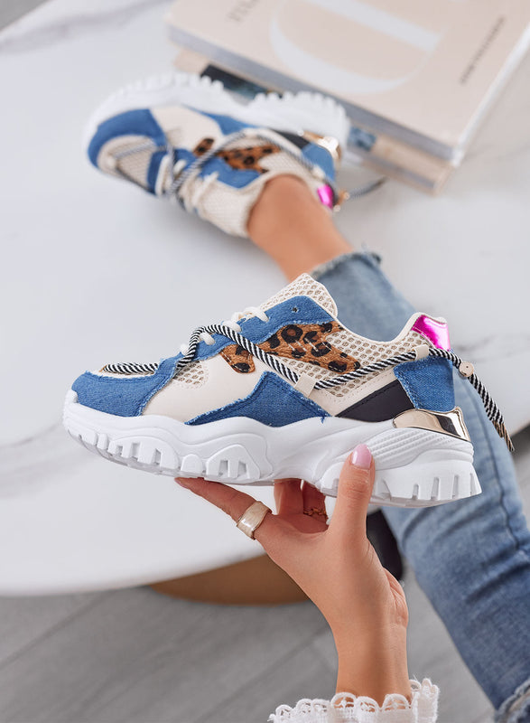 AMANDA - Zapatillas chunky azul jeans con detalles animal print