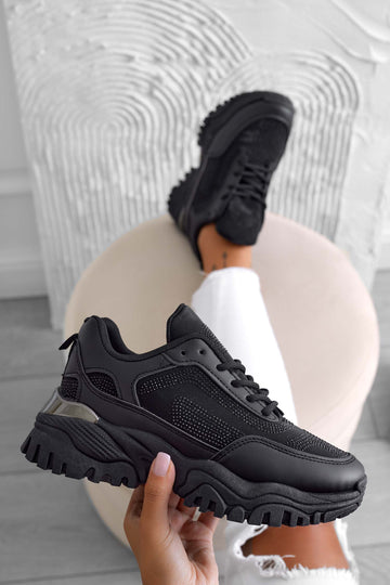 Black sneakers with thick sole and rhinestones