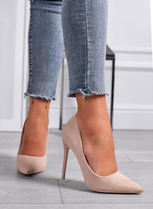 ANASTASIA - Beige suede pumps with patent leather heel