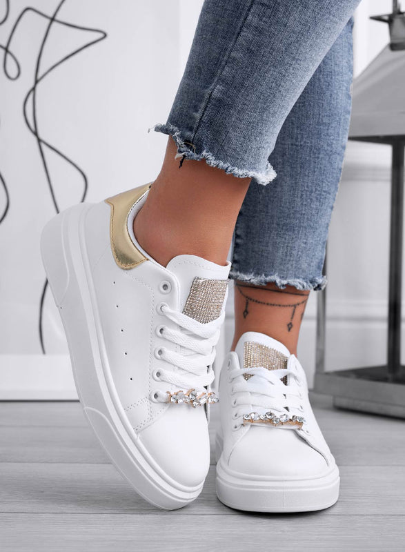 ANDREINA - White sneakers with jewel appliqué and gold heel