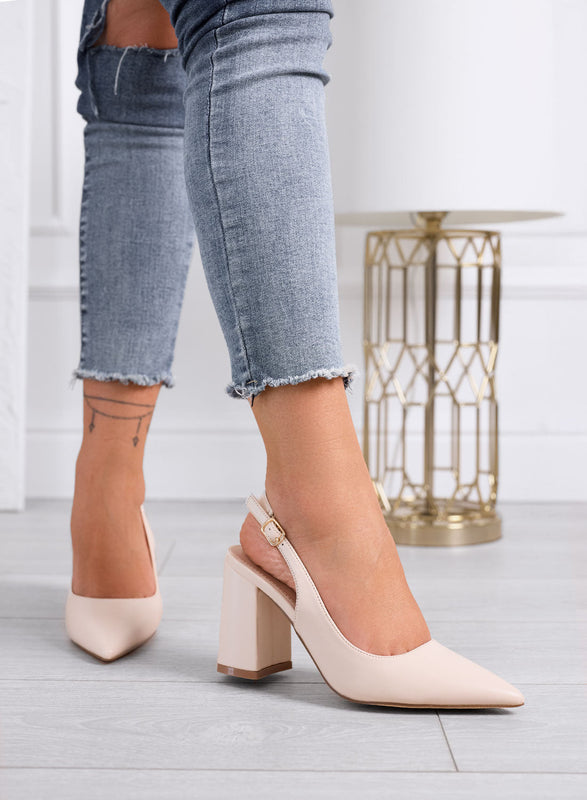 ANGELICA - Décolleté slingback beige de punta con tacón ancho