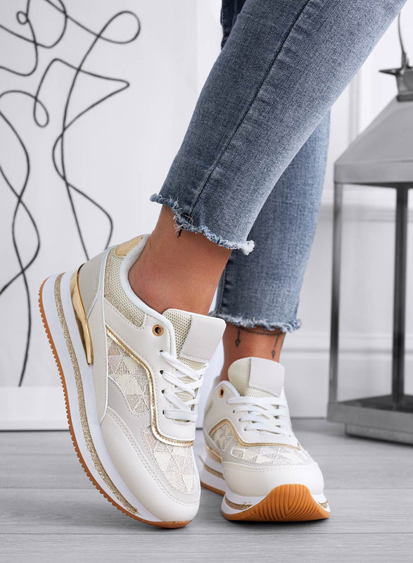 ANNALISA - Baskets beiges avec empiècements pailletés or