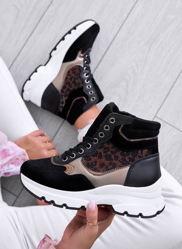 ARES - Black sneakers with leopard print inserts