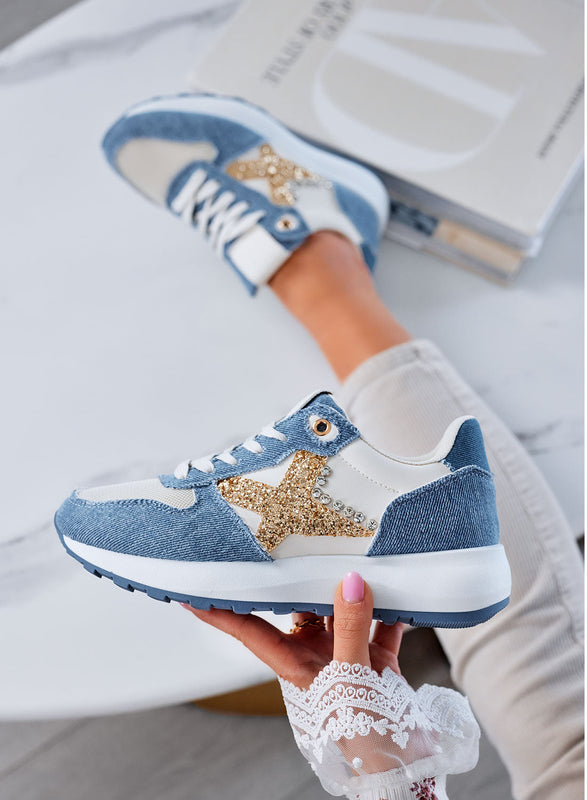 ARISA - Zapatillas azul jeans con glitter dorado y strass