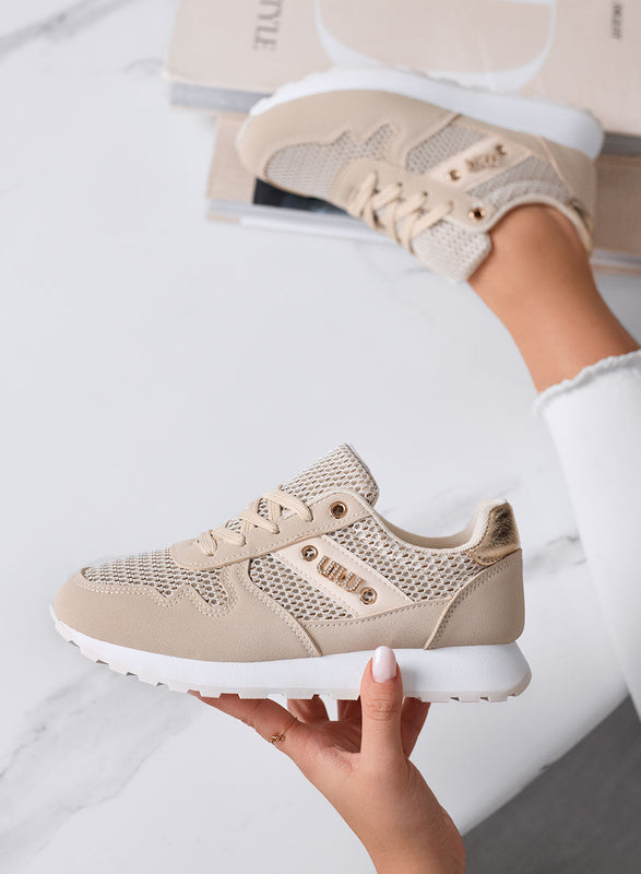 ARMIDA - Zapatillas Beige Deportivas con Insertos en Tejido y Detalles en Oro