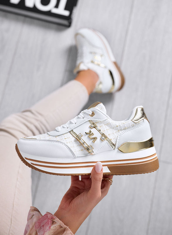 ASIA - Zapatillas blancas con insertos de tela laminada dorada