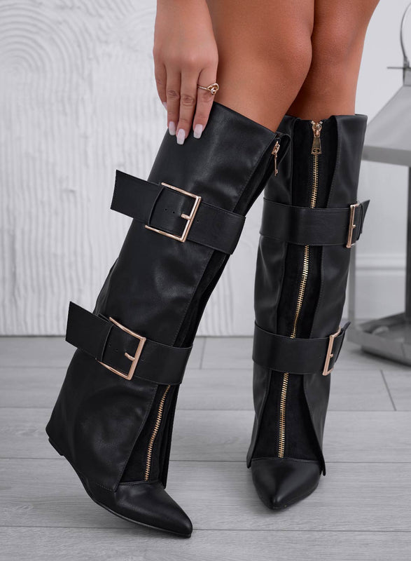 ASMIRA - Black boots with zip and gold buckles