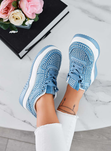 Blue denim jewel sneakers with rhinestones