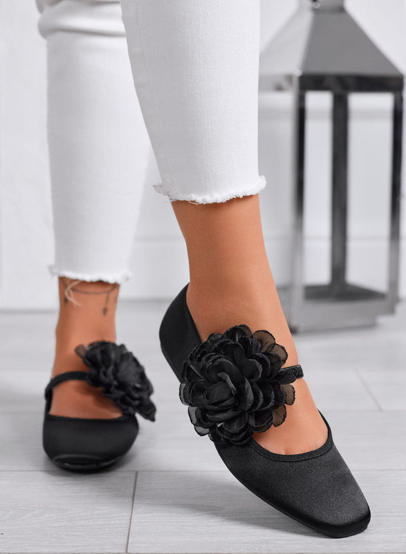 ATHENA - Bailarinas negras elegantes de satén con flor decorativa