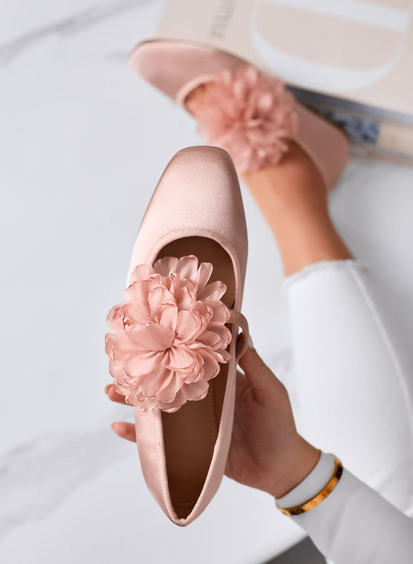 ATHENA - Bailarinas rosas elegantes de satén con flor decorativa