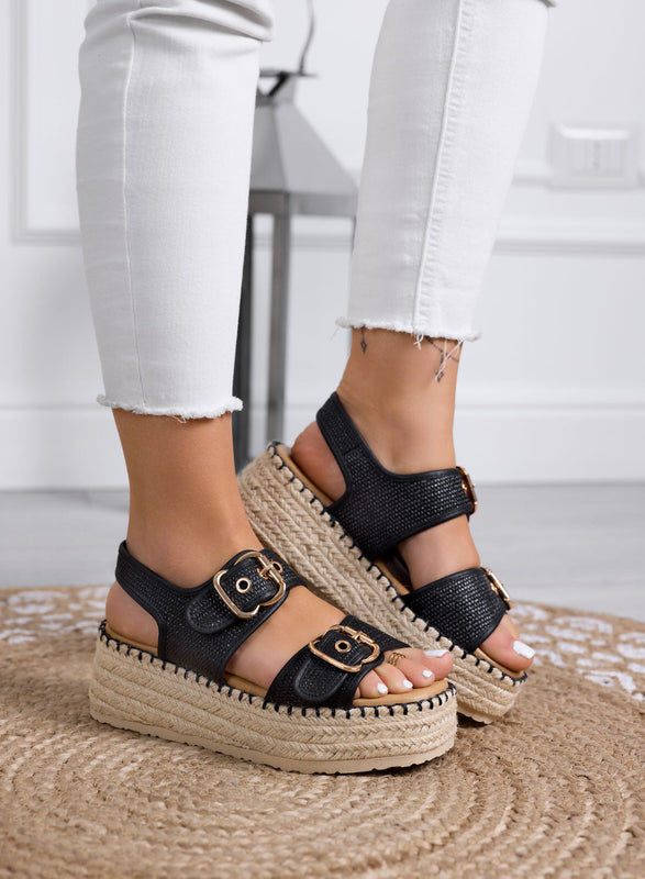 AUDREY - Sandalias negras tipo plataforma con doble hebilla dorada y suela de cuerda
