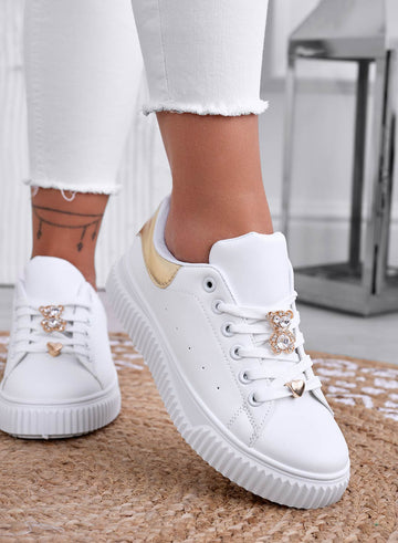 BEVERLY - White sneakers with jeweled teddy bear and gold heel
