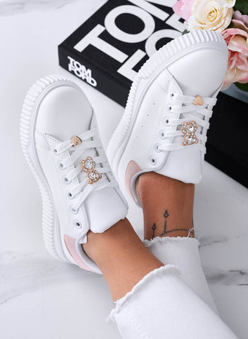 BEVERLY - White sneakers with jeweled teddy bear and pink heel