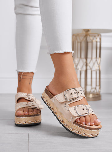 BILBAO - Beige sandals Platform slippers with studs and double buckle