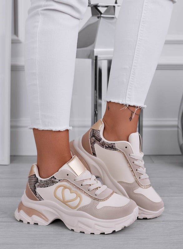 BORA - Zapatillas beige con corazón e inserciones doradas