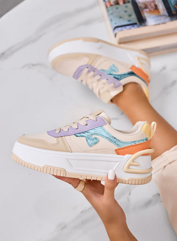 BRIGIDA - Sneakers beige con zeppa e dettagli metallizzati