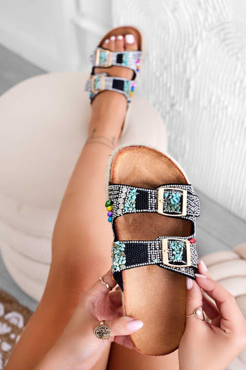 Sandali ciabatte nere con fibbie e pietre multicolor