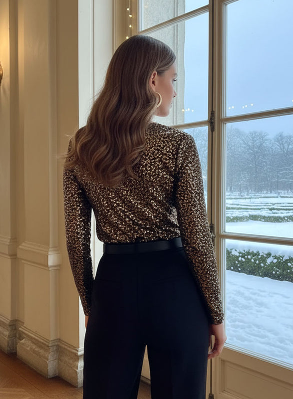 Maglia Body oro in Paillettes con scollo a V