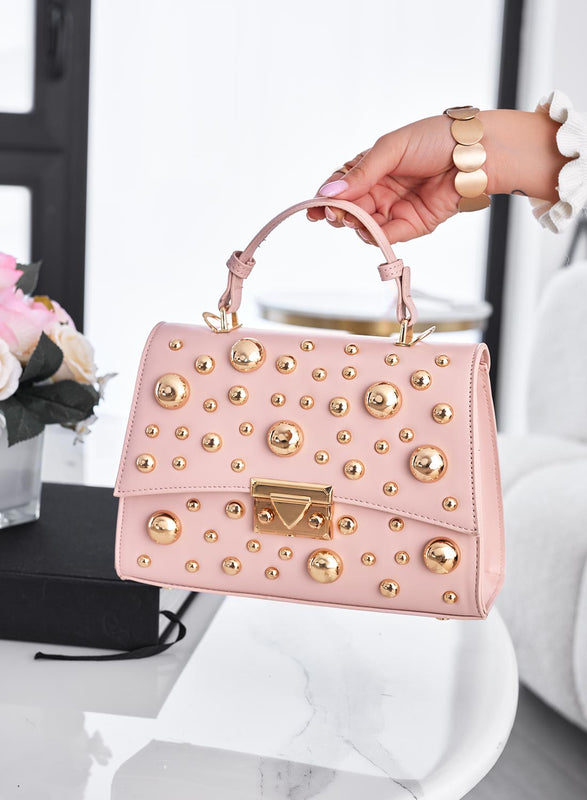 Bolso rosa con tachuelas de esfera dorada y bandolera B231