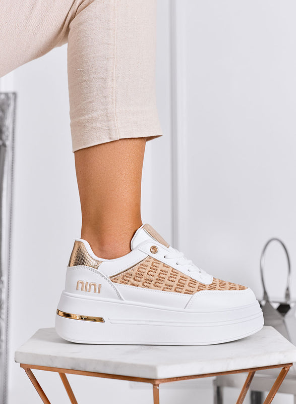 CAMILLA - Baskets blanches à plateforme avec empiècements en tissu beige