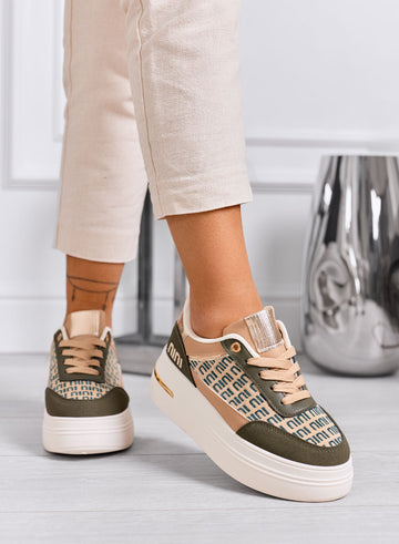 CAMILLA - Sneakers verdi platform con inserti in tessuto beige
