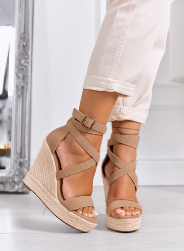CARACAS - Mud espadrille sandals with high wedge and crossed straps