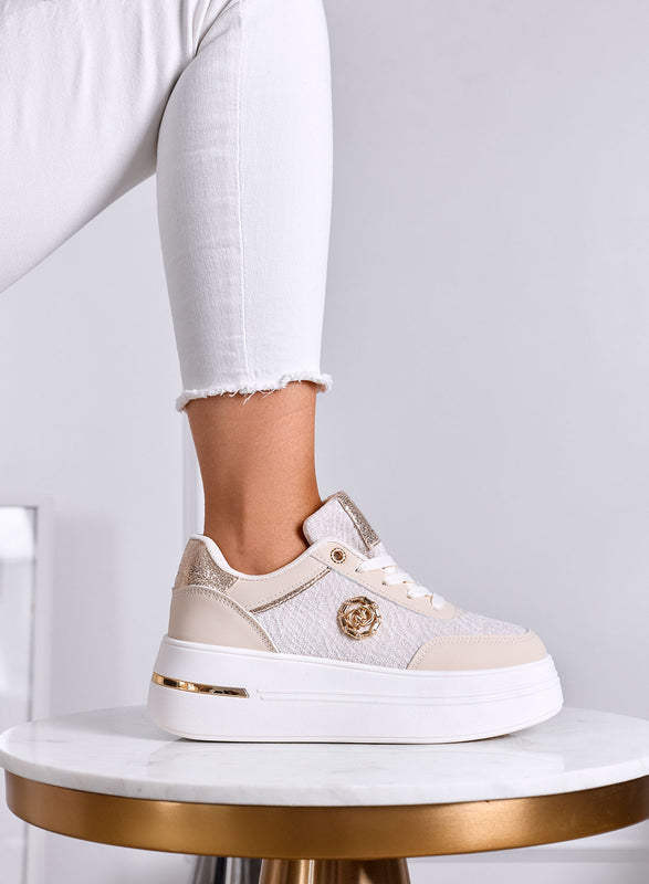 CARLA - Sneakers beige Platform con Inserti metallizzati e Tessuto