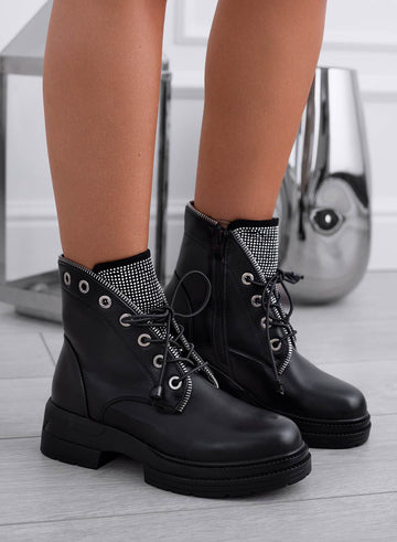 Black low ankle boots with rhinestones