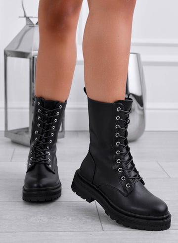 Black lace-up combat ankle boots