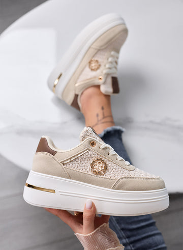 CLARA - Sneakers beige Platform con Inserti Intrecciati e Dettagli Oro