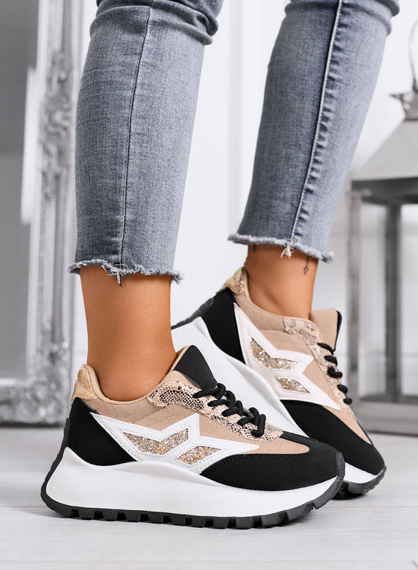 CLARISSA - Zapatillas beige y negras con detalle de glitter y suela gruesa