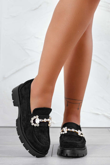 Mocasines negros de ante con adorno de joya