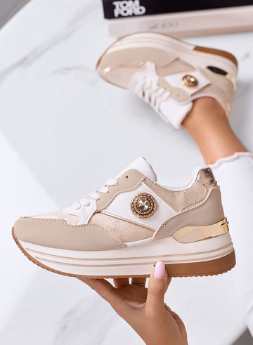 CLAUDIA - Beige Platform Sneakers with Gold Inserts and Jewel Detail