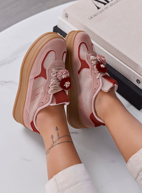 CLOE - Sneakers Donna Rosa con Fiori e Suola Platform
