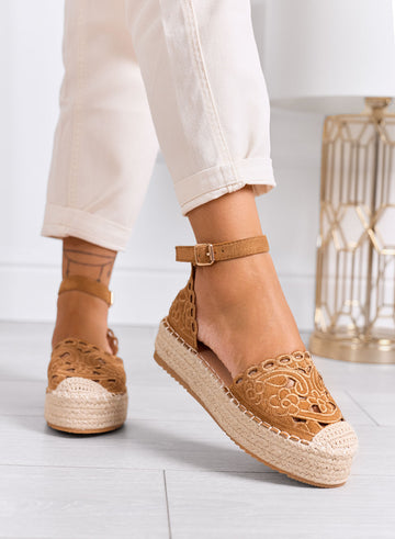 CRISTY - Camel embroidered espadrilles with ankle strap and rope platform sole