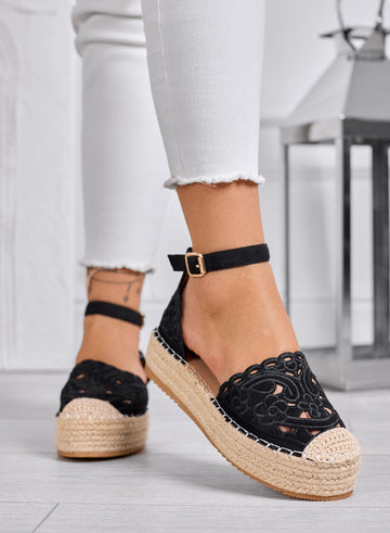 CRISTY - Espadrilles negras bordadas con cinturón al tobillo y suela platform de cuerda