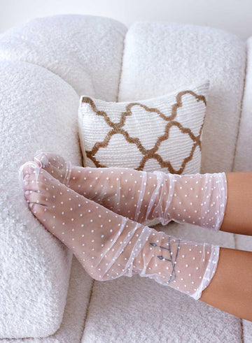 White sheer socks with mini polka dot pattern
