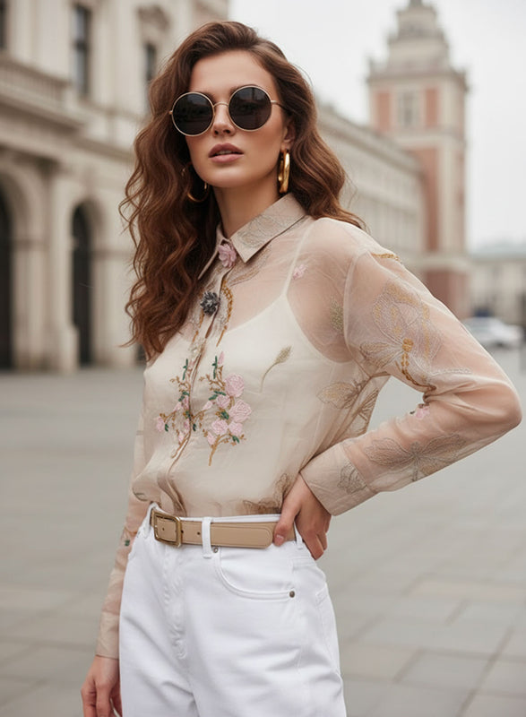 Women's Pink Organza Shirt with Embroidered Flowers