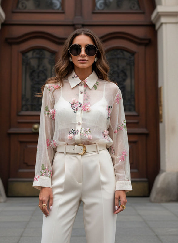 Camisa Elegante de Mujer de Tul con Bordados Florales 3D