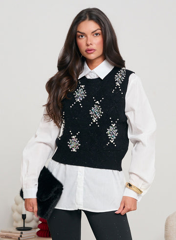 Camicia bianca con gilet nero  decorato con paillettes e perline