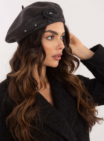 Gray beret hat with rhinestones