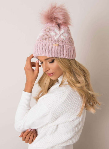 Chapeau rose bicolore matelassé avec pompon en fausse fourrure