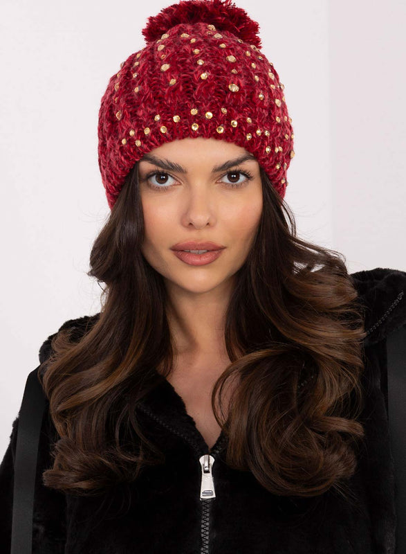 Gorro rojo acolchado con strass y pompón