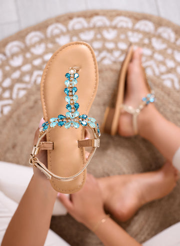 DAFNE - Sandali infradito Gioiello oro con Strass azzurri