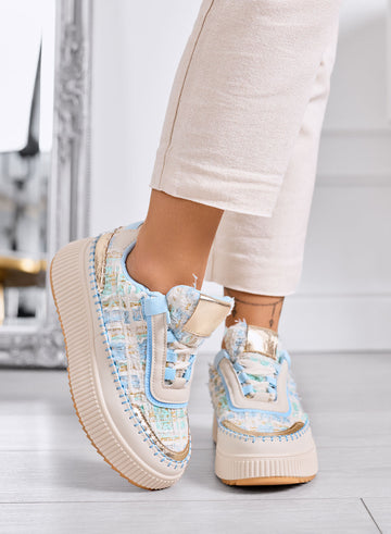 DAFNE - Sneakers beige platform in tweed azzurro con dettagli oro