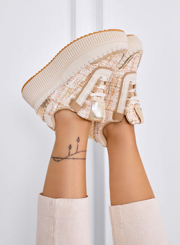 DAFNE - Zapatillas beige de plataforma en tweed topo con detalles dorados
