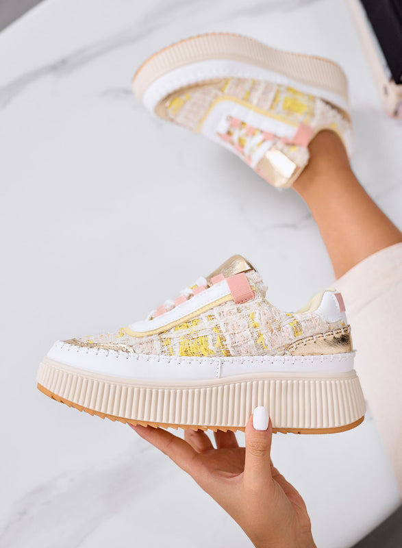 DAFNE - Zapatillas beige con plataforma en tweed amarillo y detalles dorados