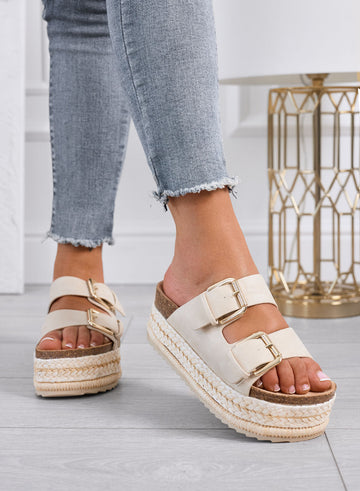 DANIEL - Sandalias beige tipo chancla con plataforma, doble hebilla y suela de cuerda
