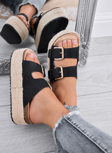 DANIEL - Sandalias negras tipo chancla con plataforma, doble hebilla y suela de cuerda