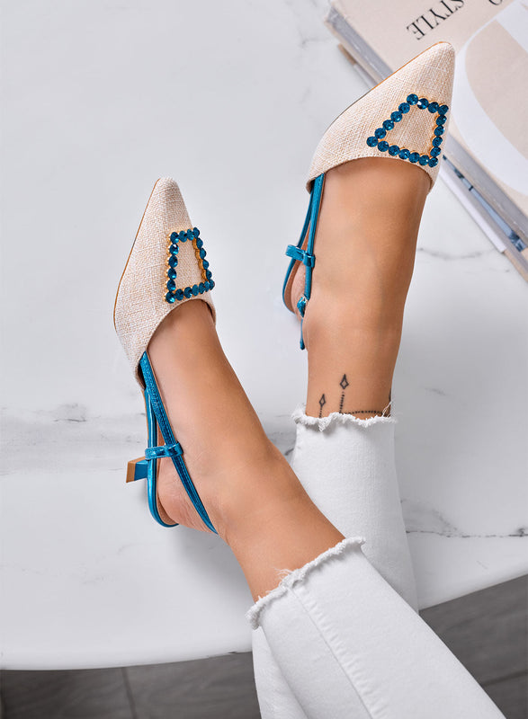 DARLEEN - Décolleté beige Slingback elegantes de punta con hebilla joya azul